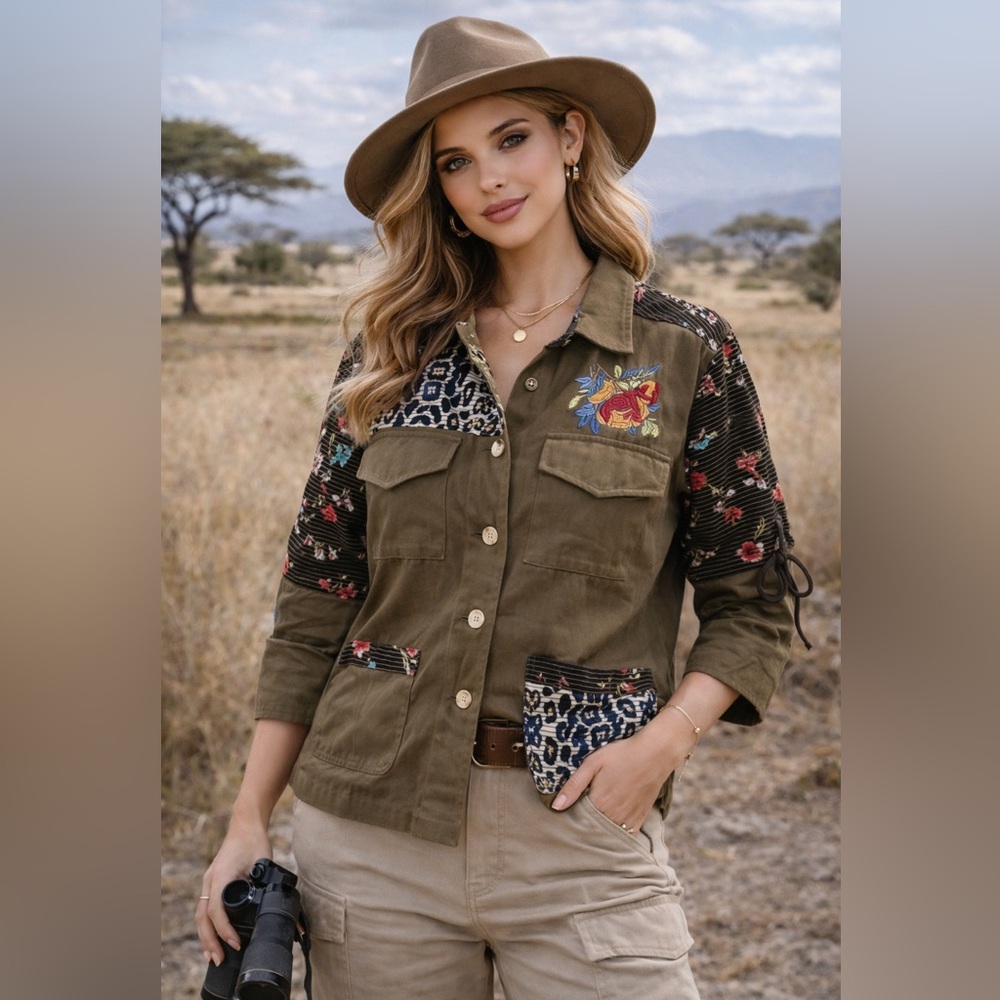 Embroidered Olive Green Women's Jacket 100% Cotton Safari Jacket
